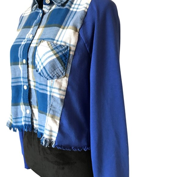 Cropped Plaid Shirt, Size S-M: Blue Sweatshirt Jacket, Upcycled Grunge Style - Picture 5 of 10